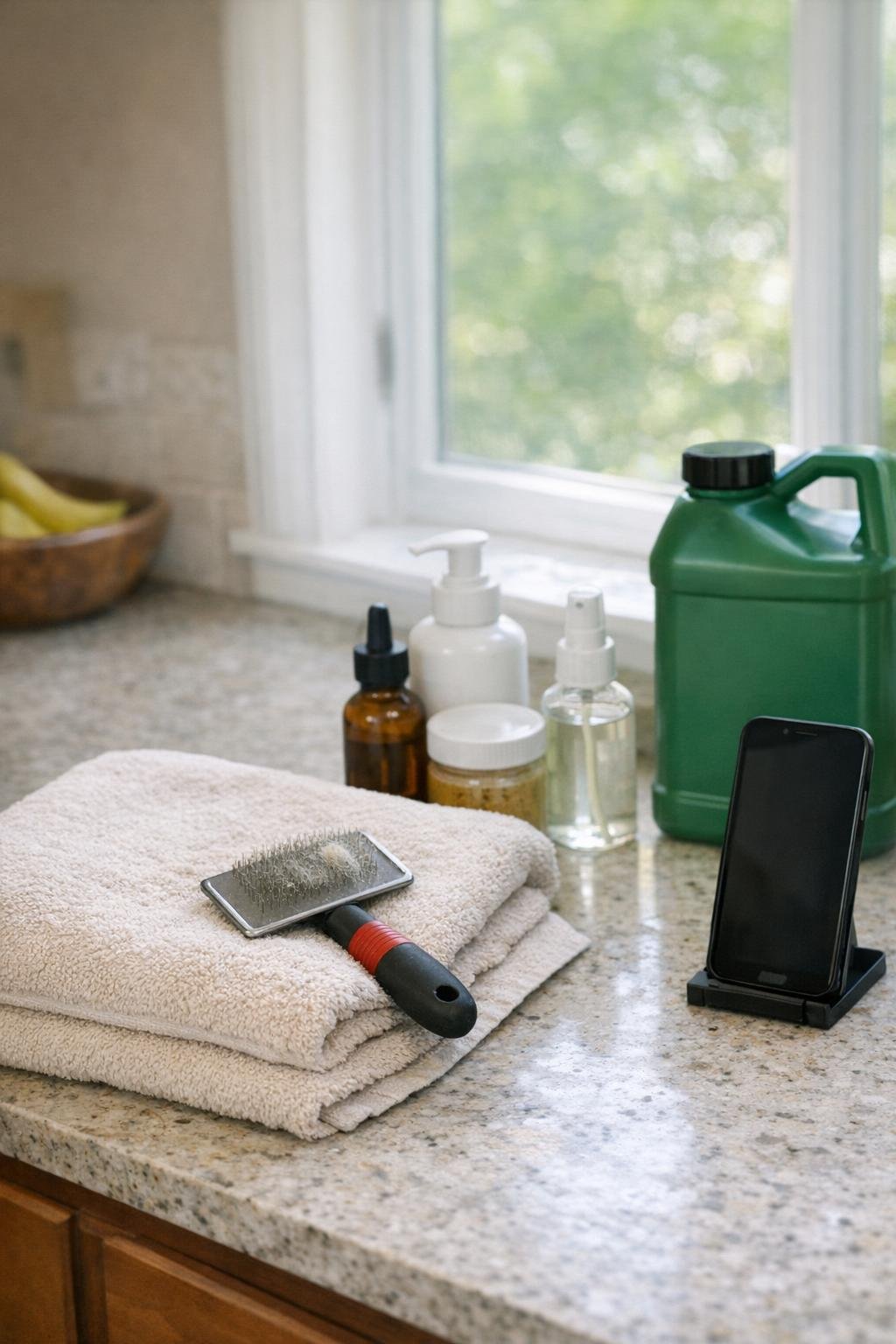 Pet care supplies and lawn product information set out for an emergency call