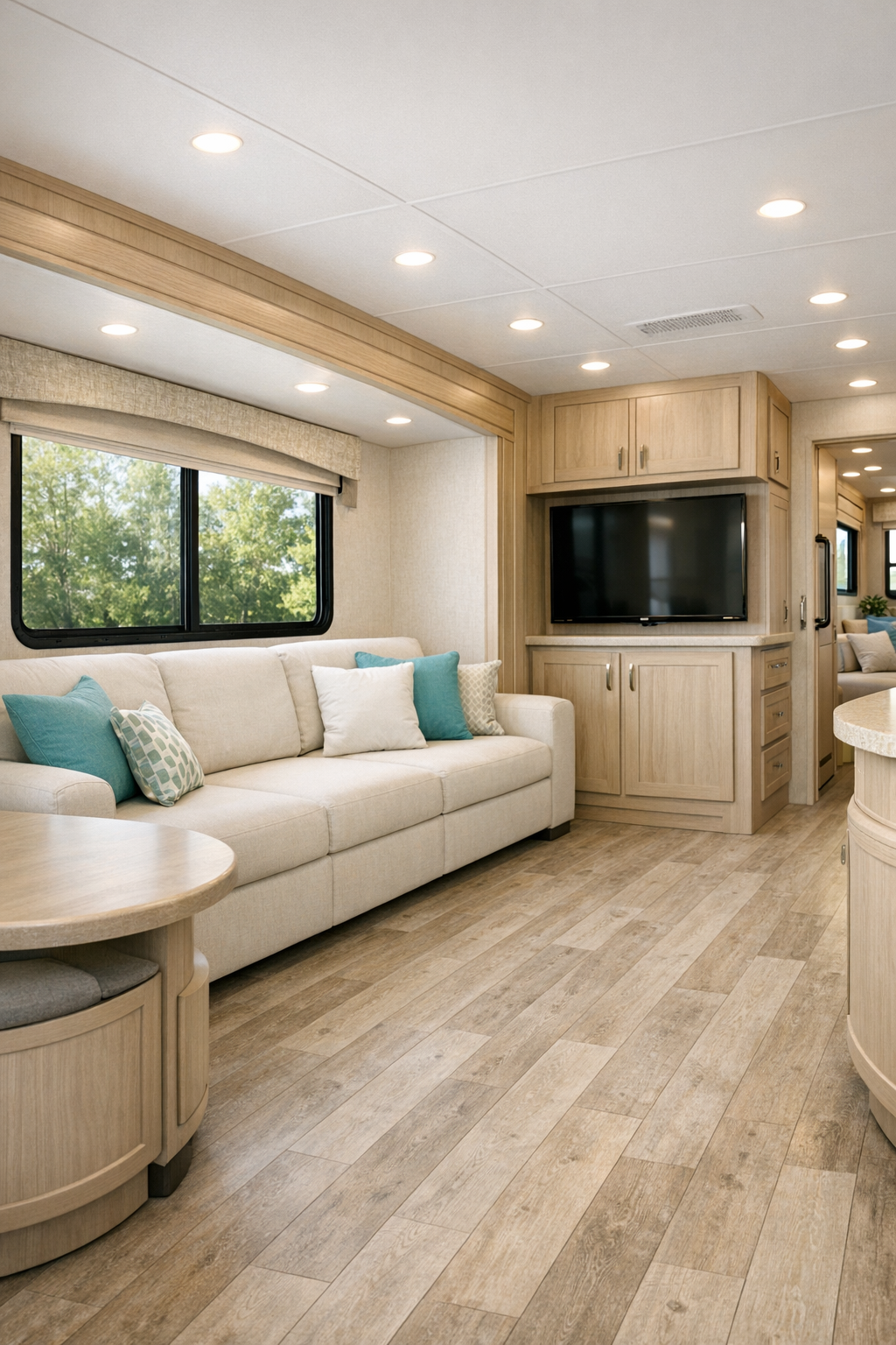 Bright accessible RV living room with linen sofa and aqua accents