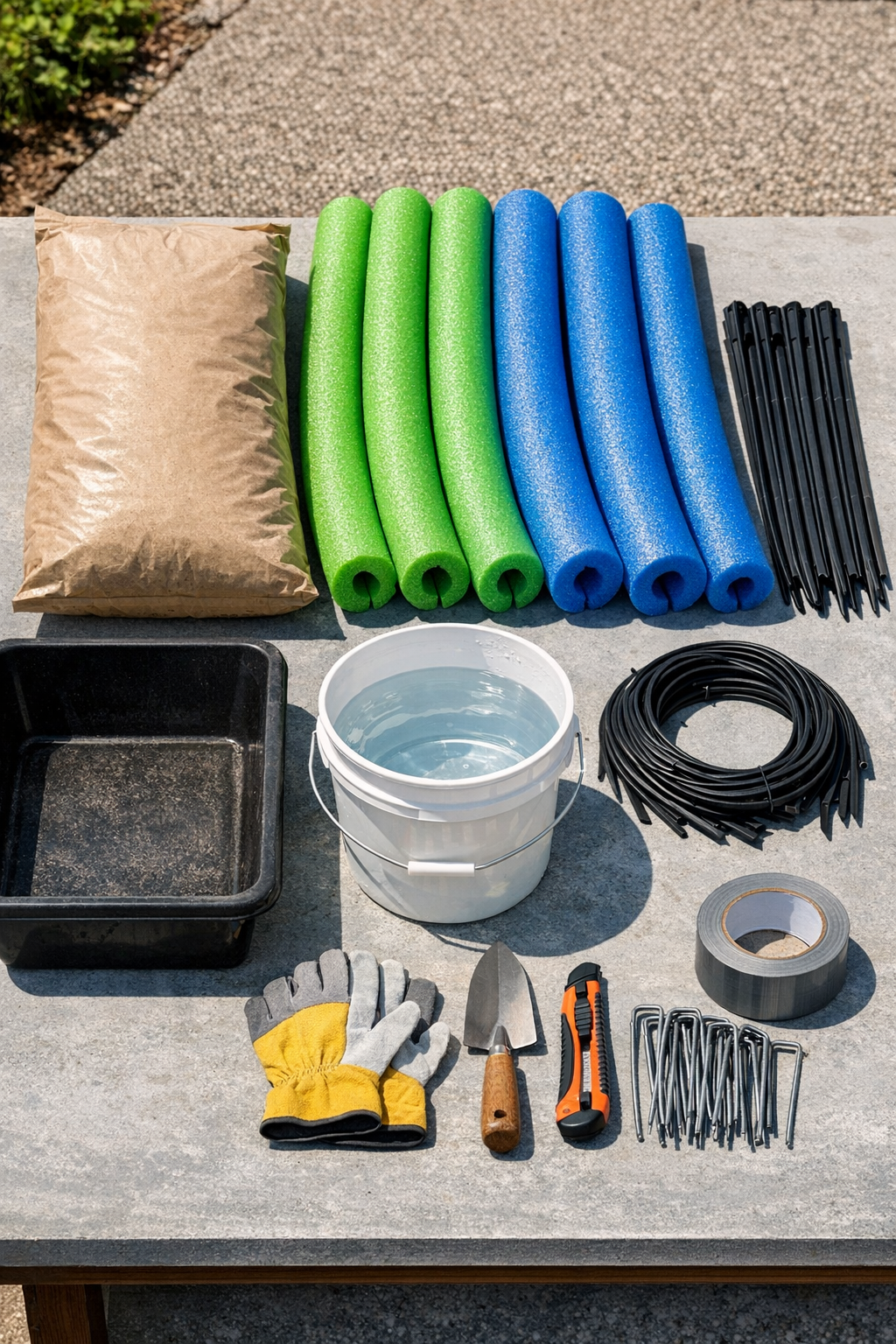 Materials for making curved cement landscape borders with pool noodles