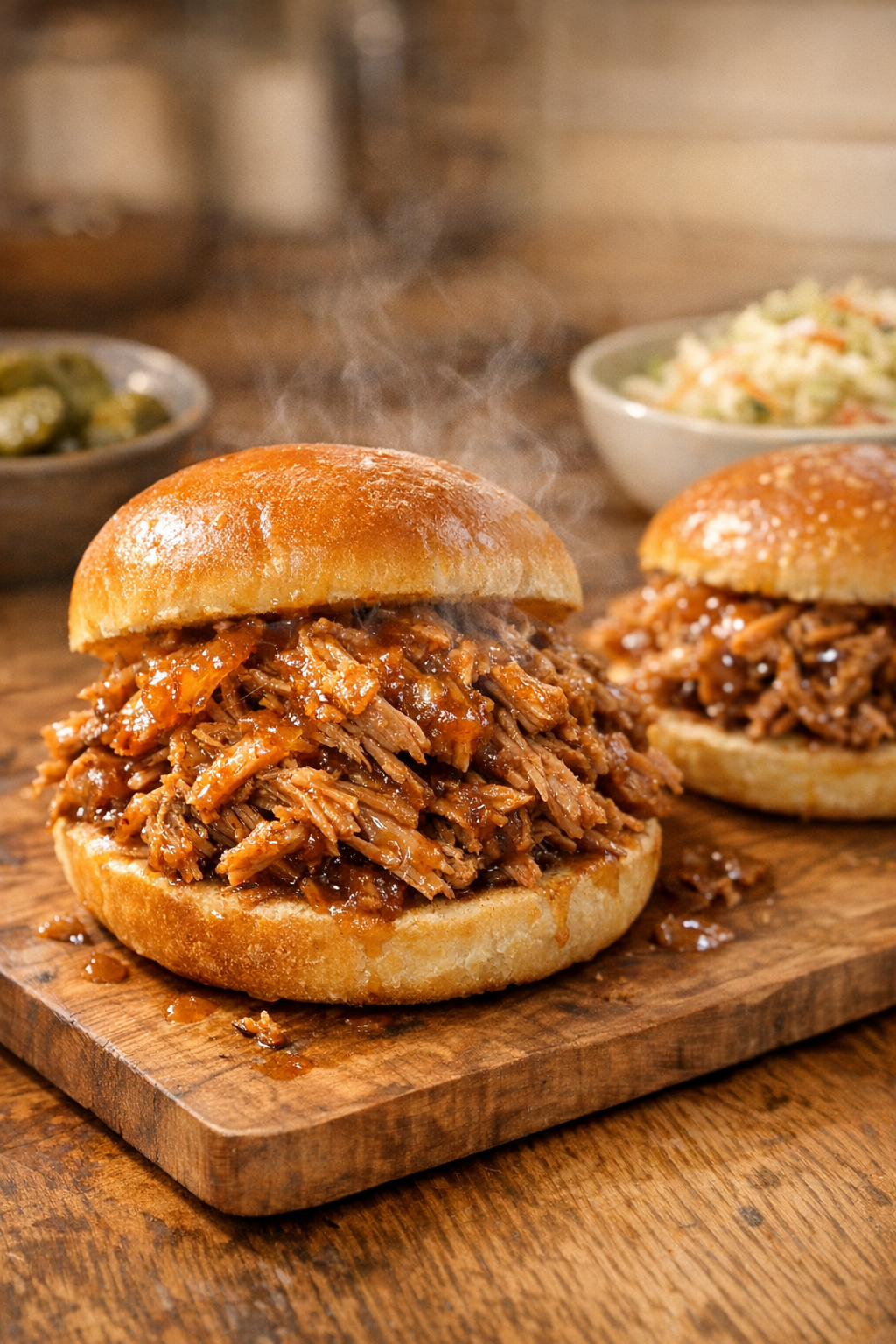 Finished peach pulled pork on brioche buns