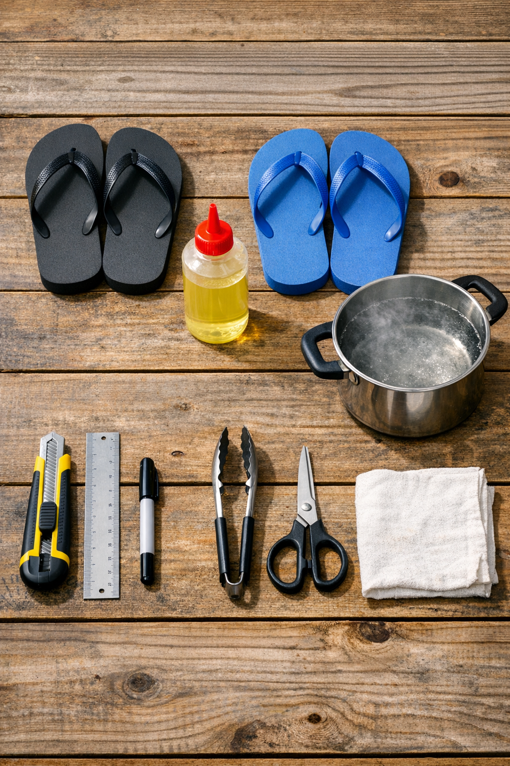 Foam flip flops, contact adhesive, and basic cutting tools laid out for the project