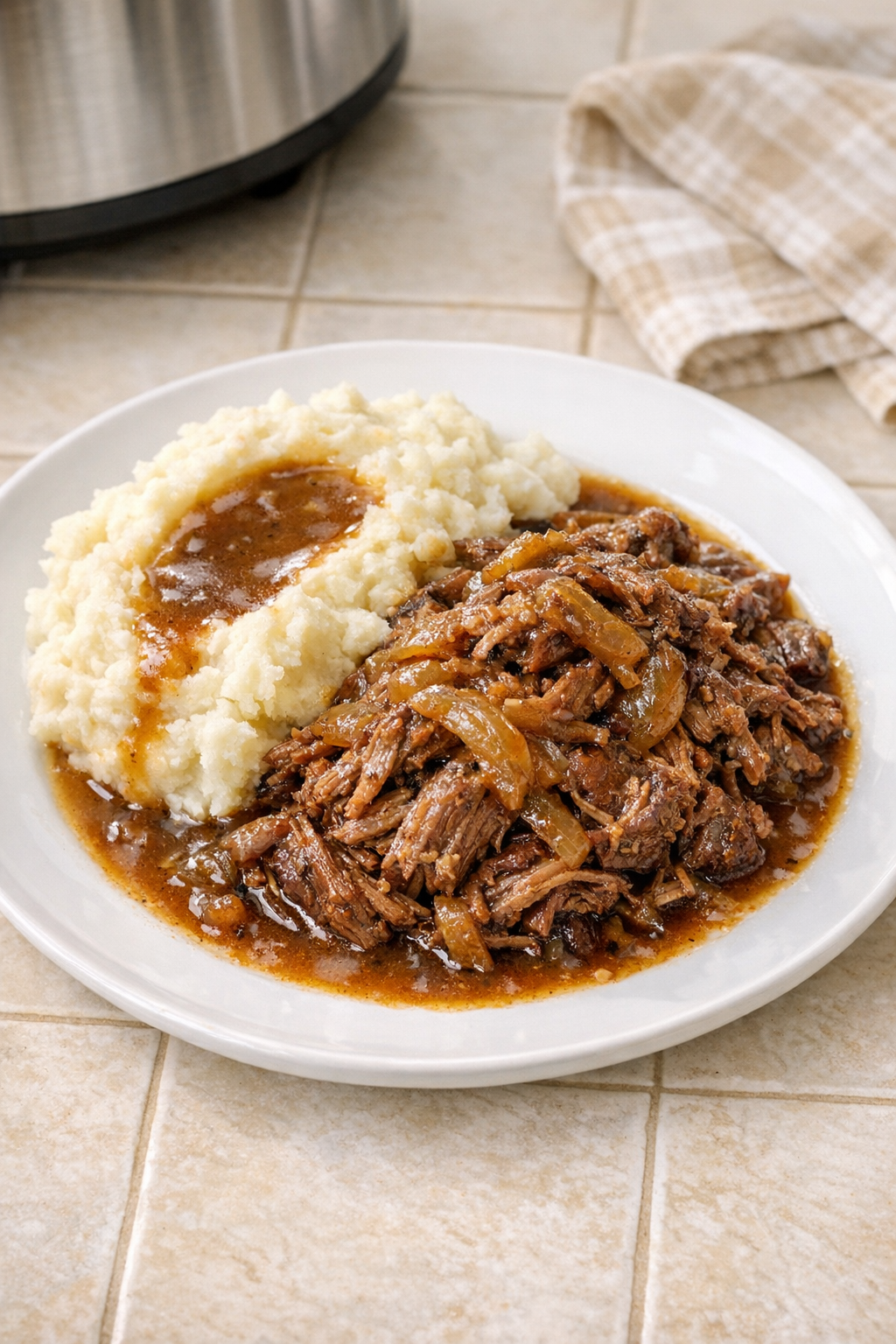 Finished Amish beer beef plated with mashed potatoes