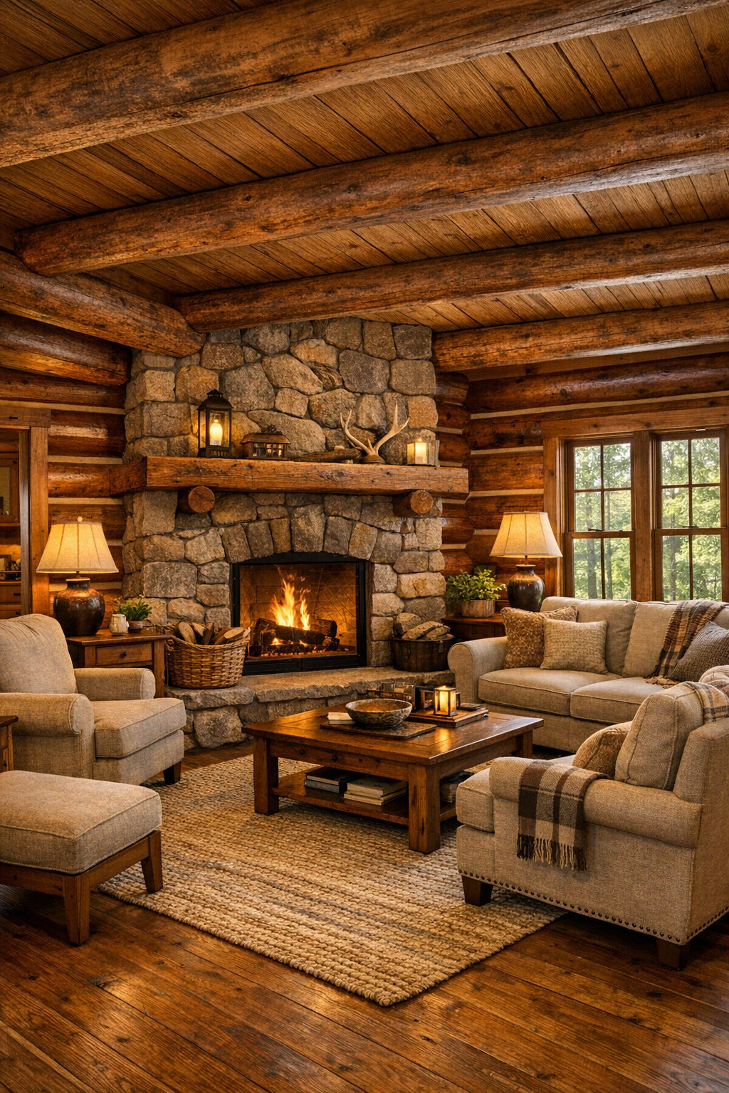 Warm log home living room with handcrafted woodwork, neutral seating, and soft layered lighting