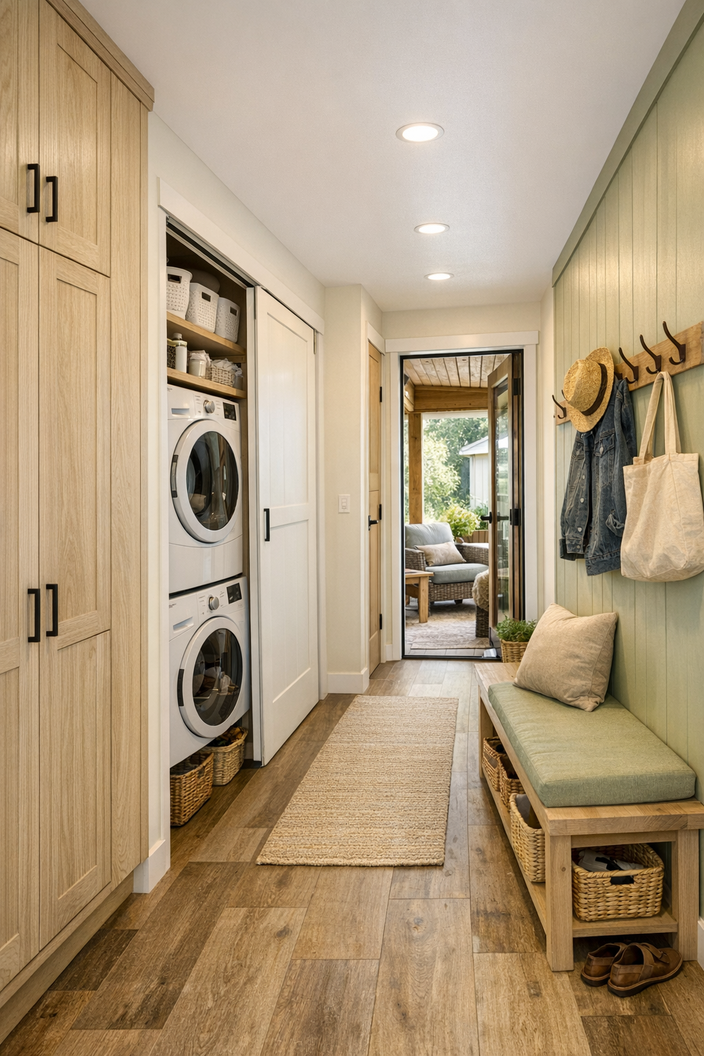 Functional hallway and utility area with built-in storage and a cozy porch connection