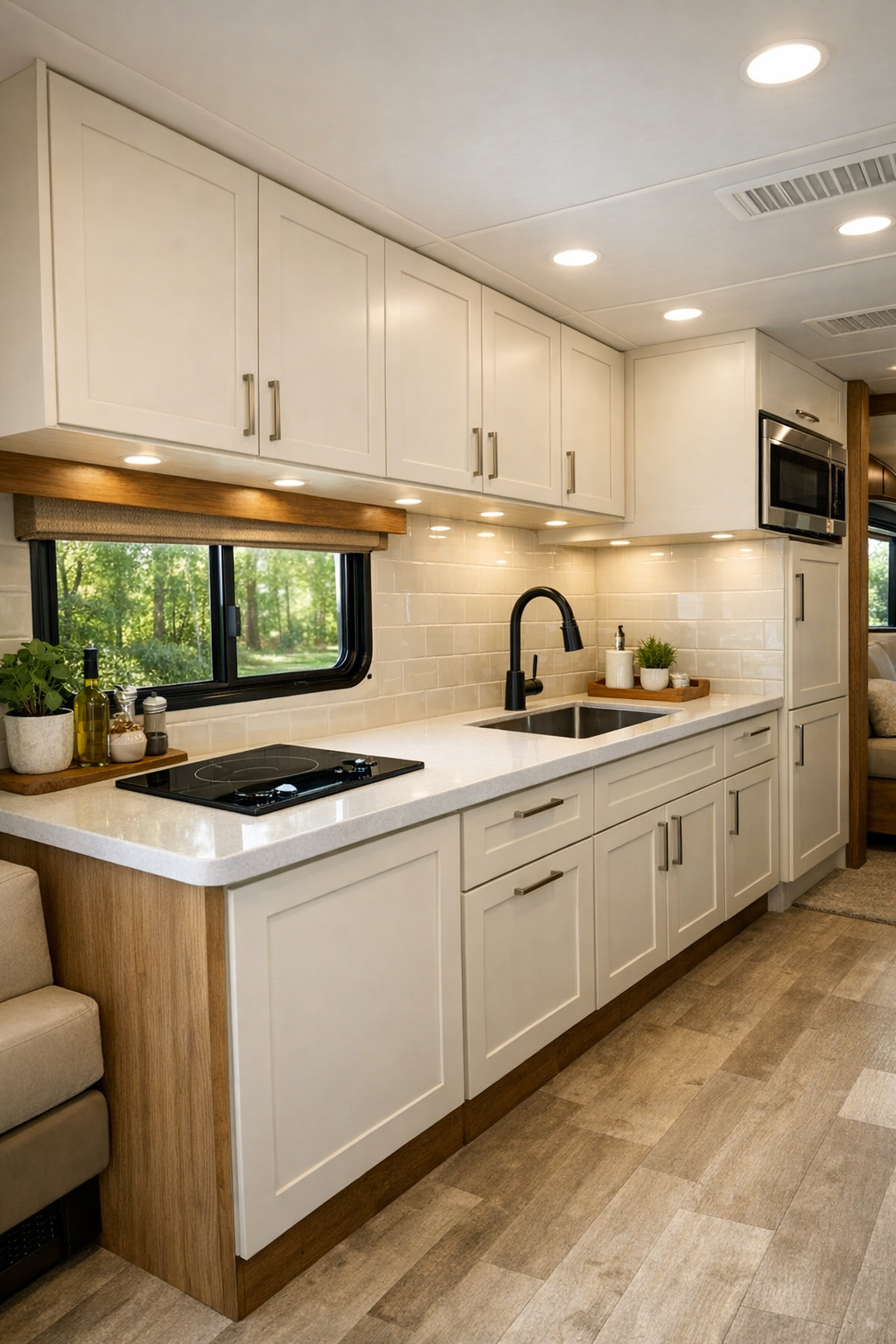 Compact accessible RV kitchen with cream cabinets, pale counters, and glossy backsplash