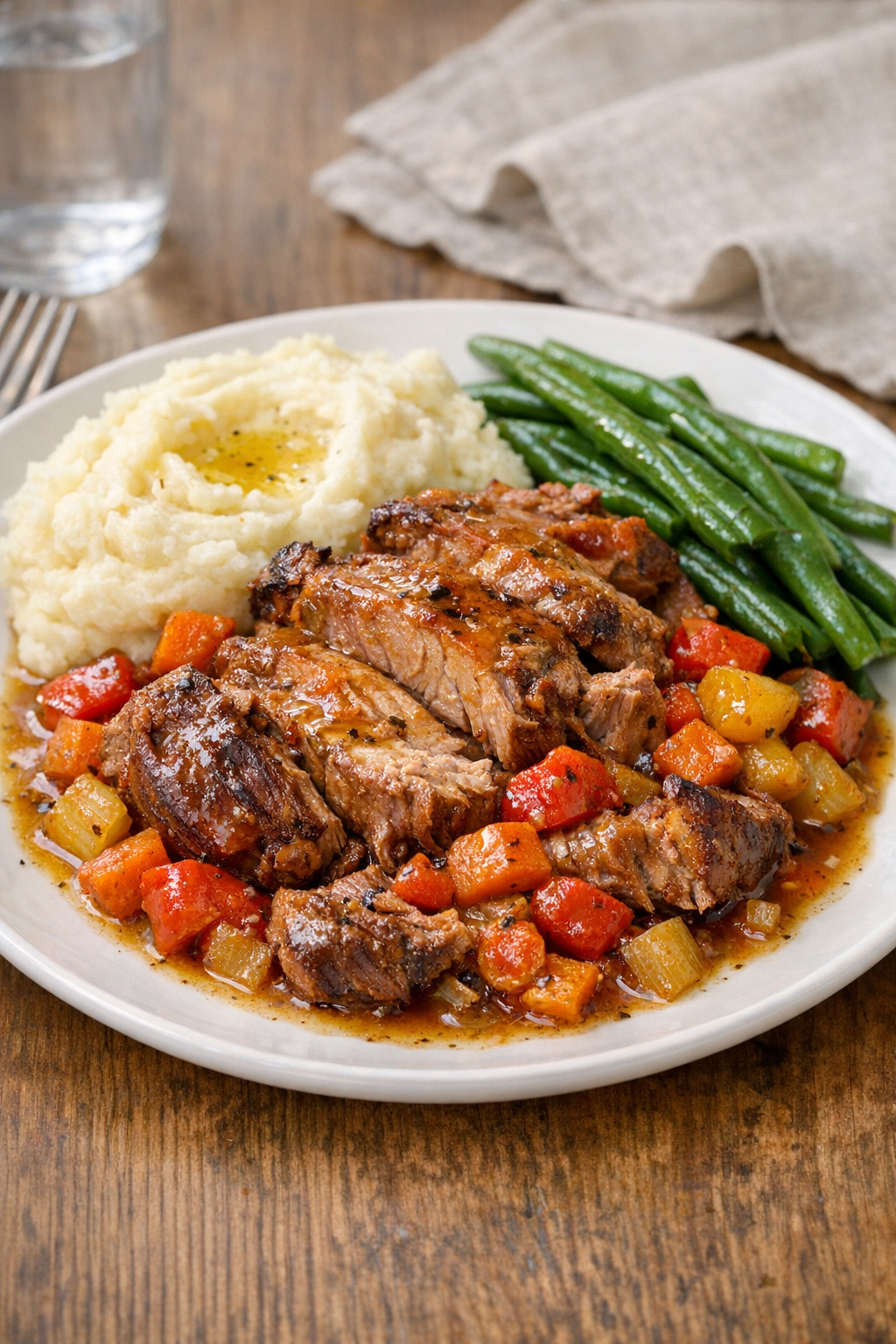 Finished slow cooker pork collar dinner plated with vegetables