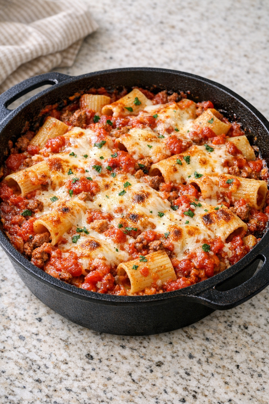 Finished baked paccheri tomato noodle casserole in a cast iron dish