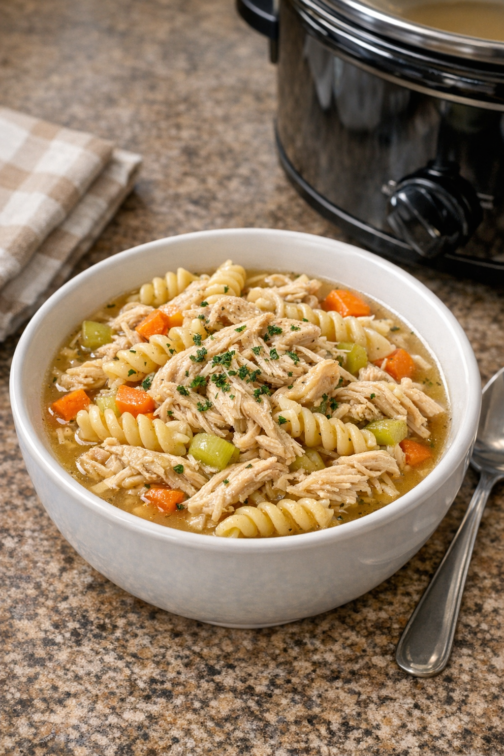 Finished bowl of Amish vegetable broth chicken pasta