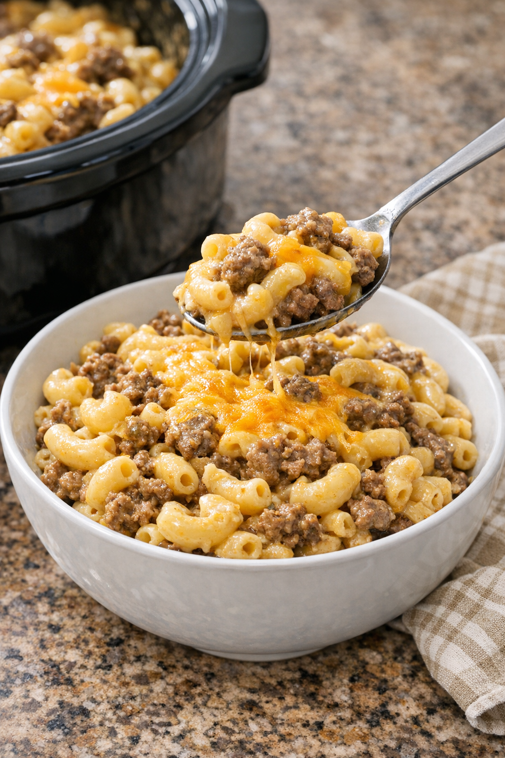 Finished slow cooker macaroni and beef supper in a serving bowl
