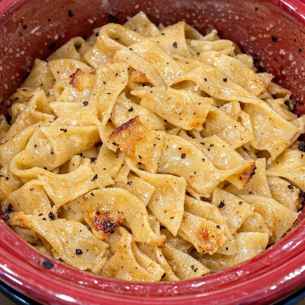 Slow cooker Amish lard noodles in a red slow cooker