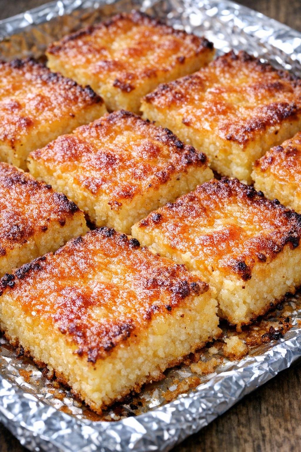 Southern cheesy grits squares baked until golden on a foil-lined tray