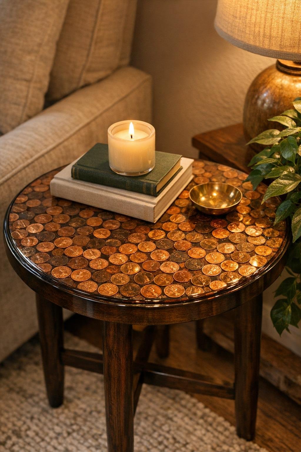 Finished copper penny table styled in a cozy living room
