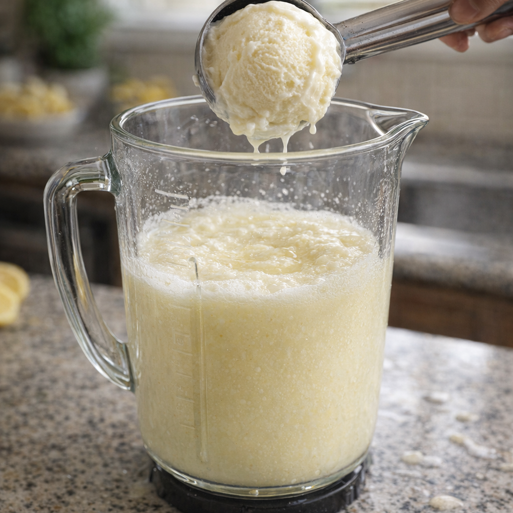 Vanilla ice cream being added to a blender with lemonade
