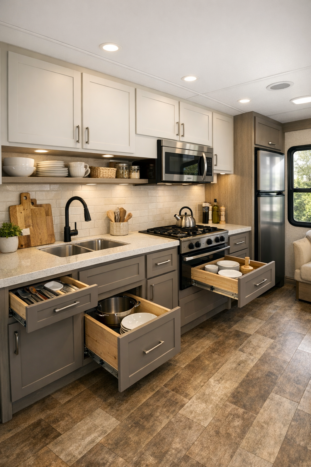 Accessible RV camper kitchen with warm white cabinetry and pale stone counters