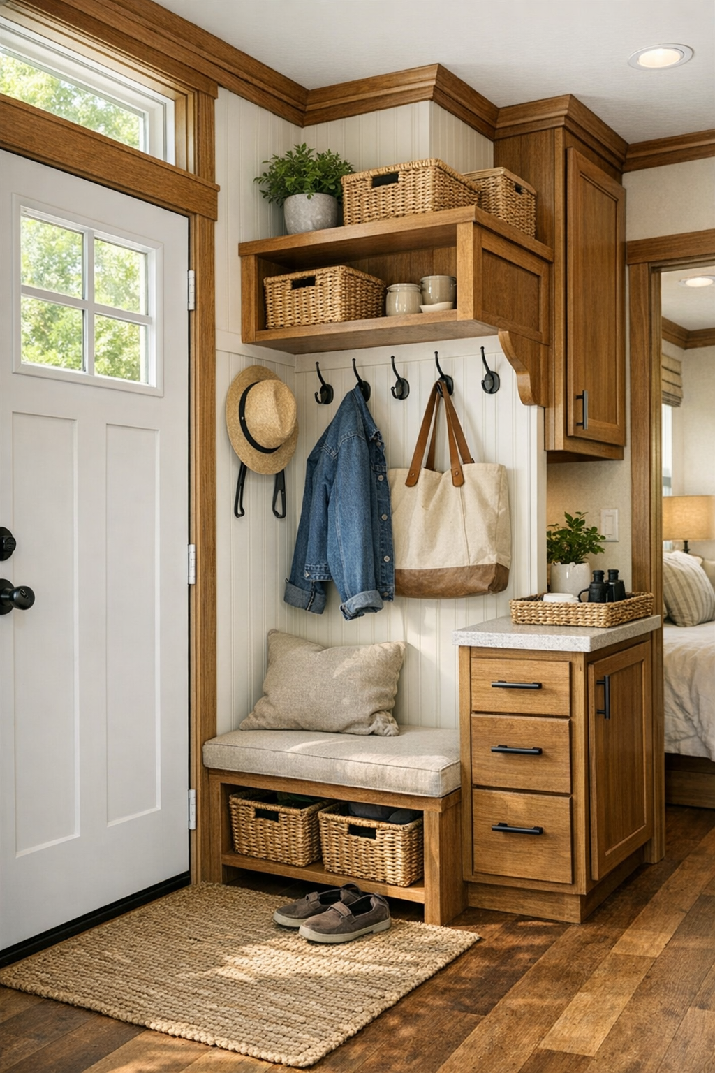 Functional small-space entry and loft area with storage, hooks, and warm wood details