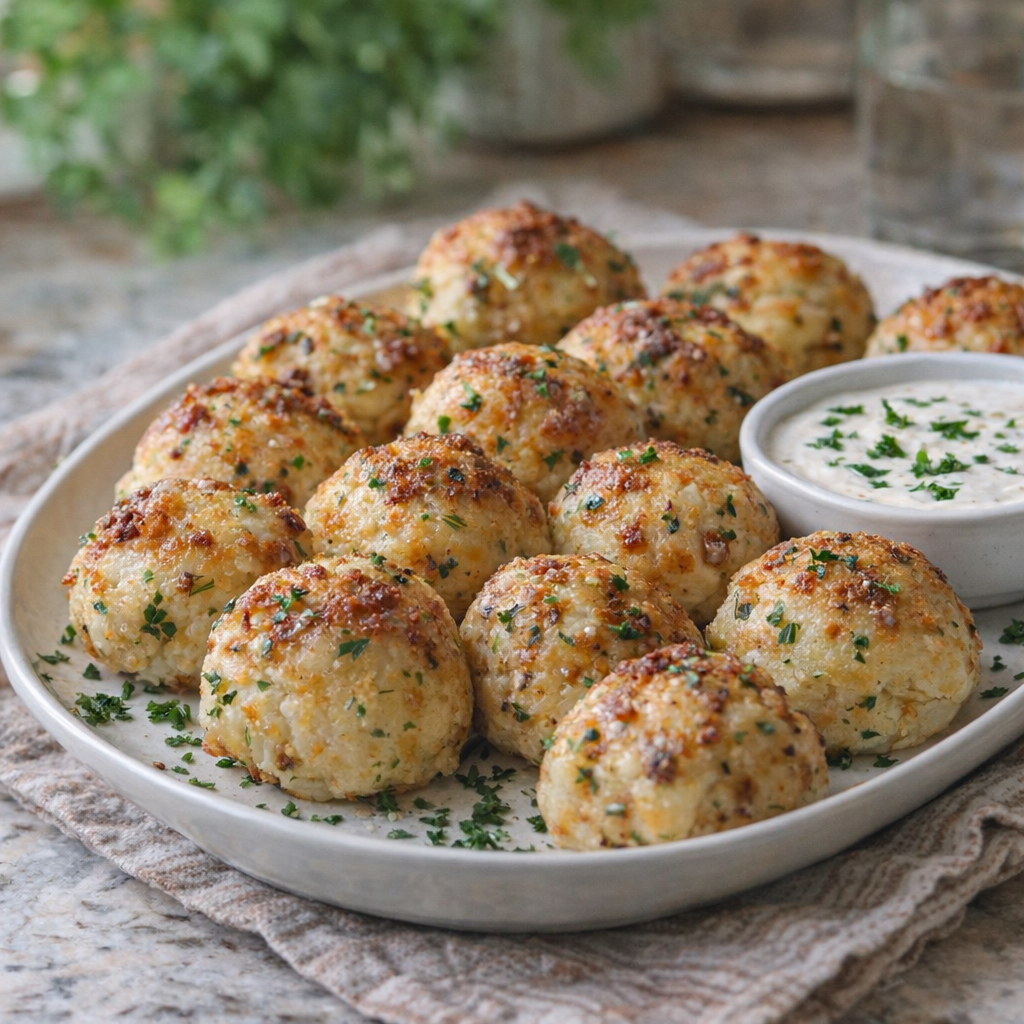 Serving platter of potato balls with herbs and dipping sauce