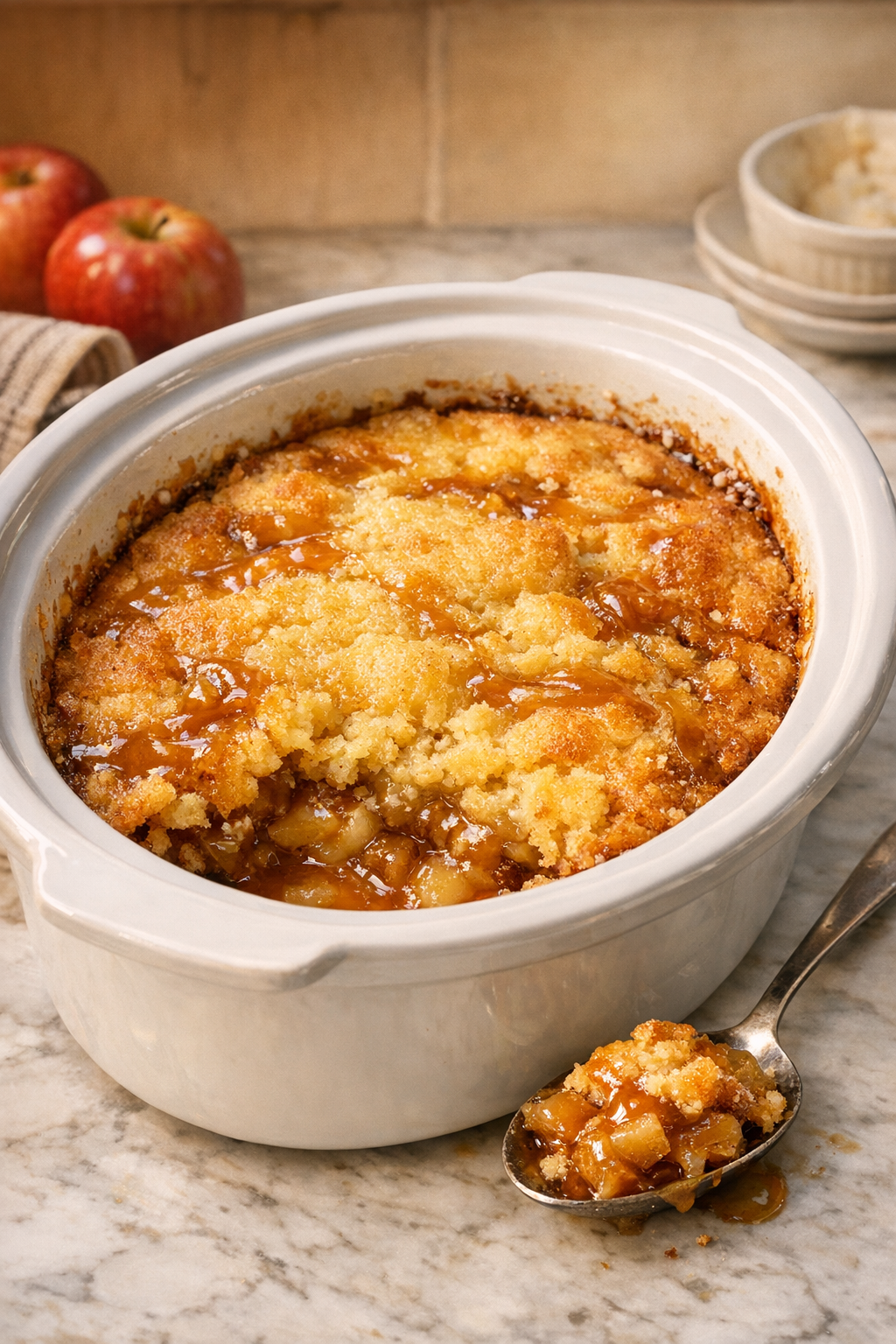 Finished caramel apple dump cake served warm from a white slow cooker