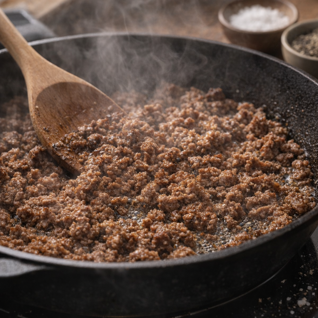 Ground beef browning in a skillet