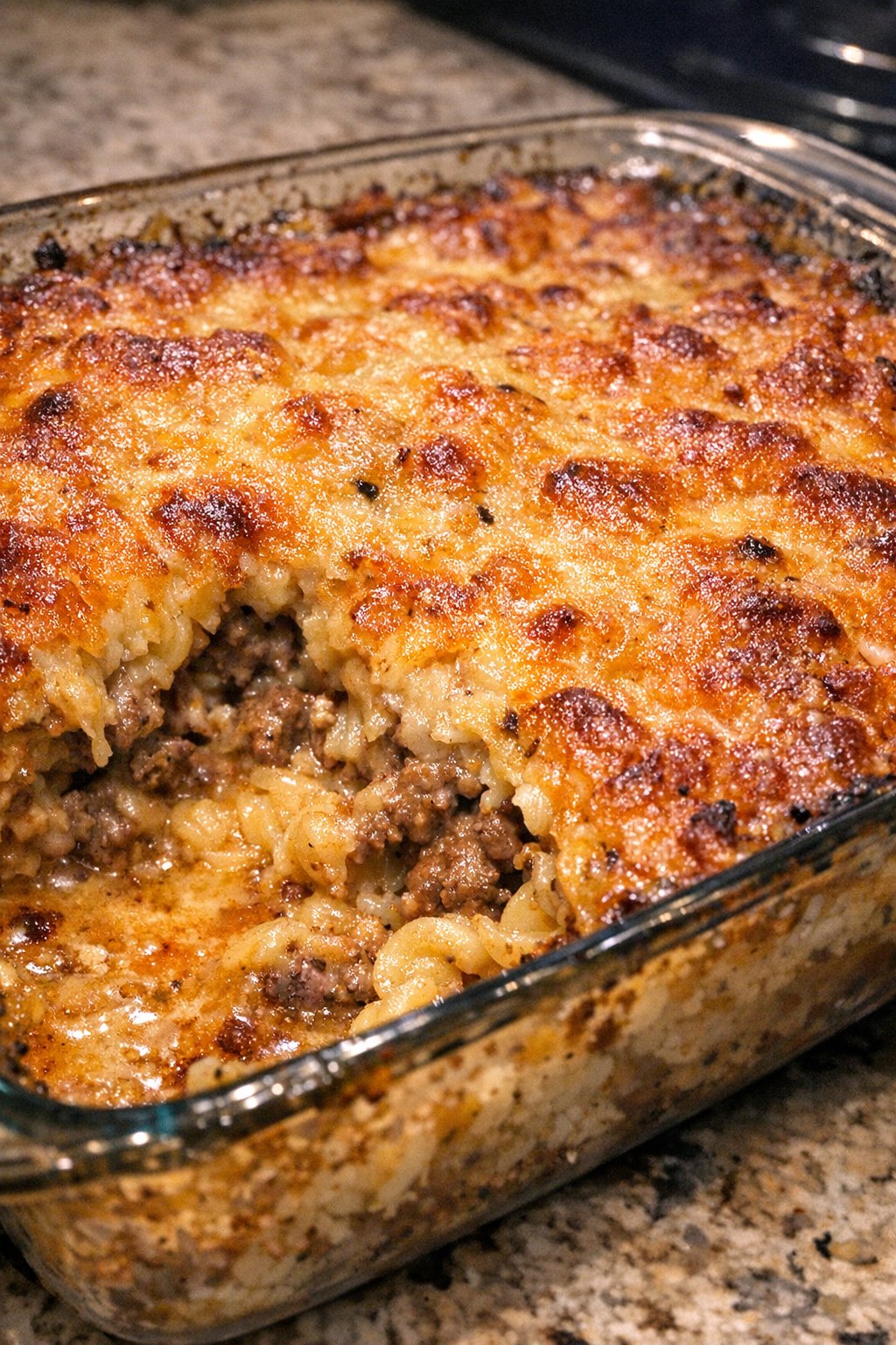 Golden crusted casserole in a glass baking dish