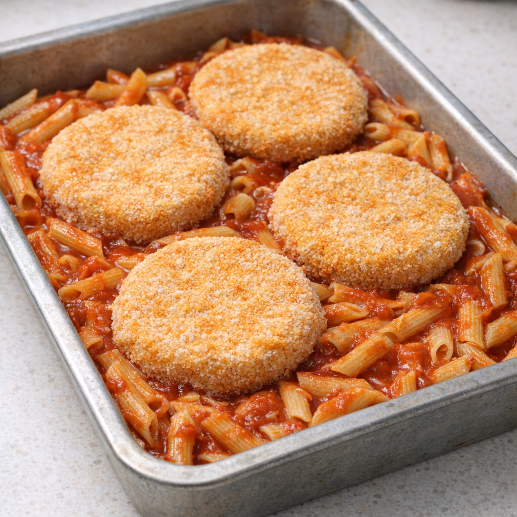 Side angle of frozen chicken patties arranged over saucy penne before baking