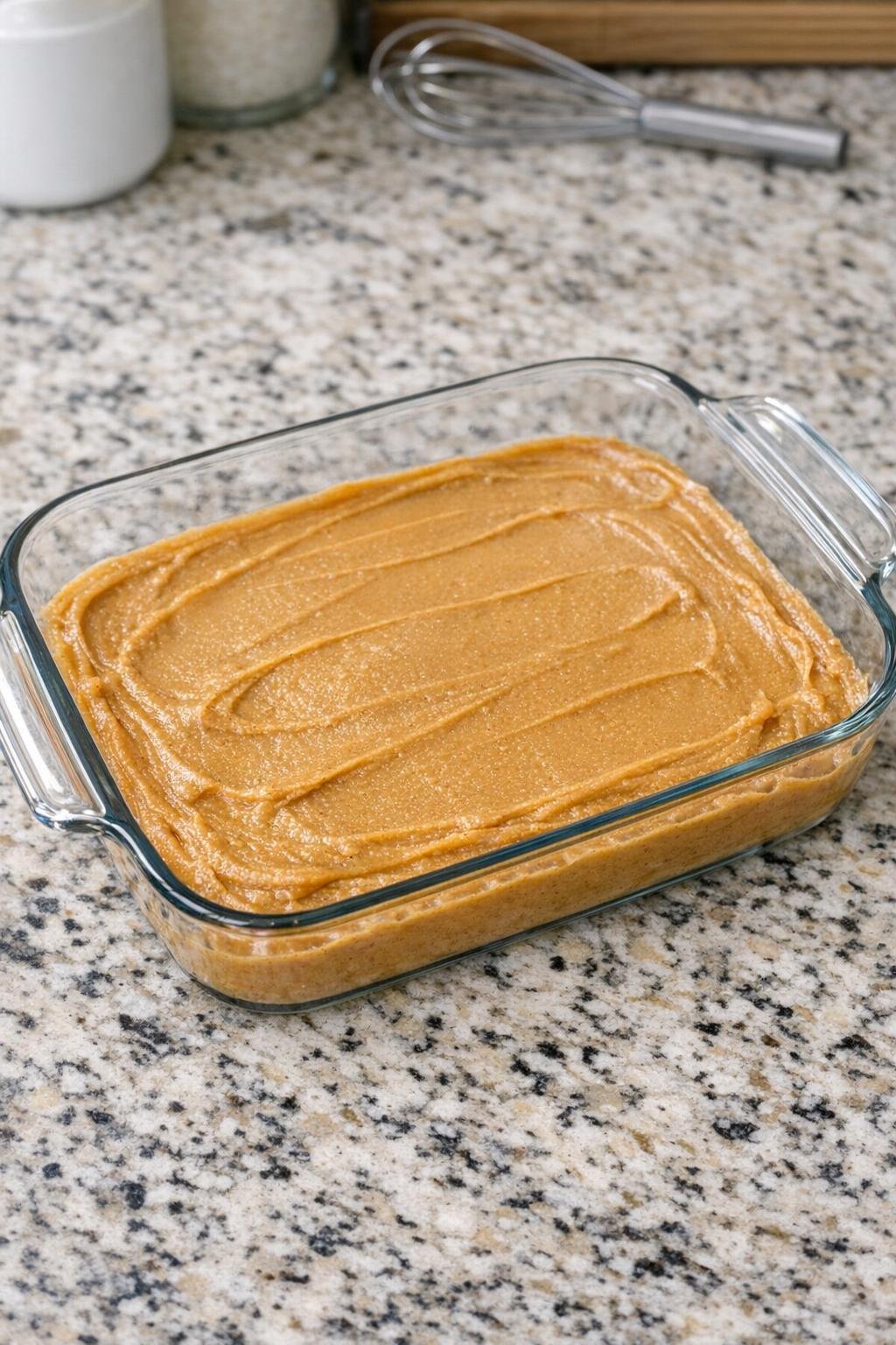 Blondie batter spread in glass baking dish