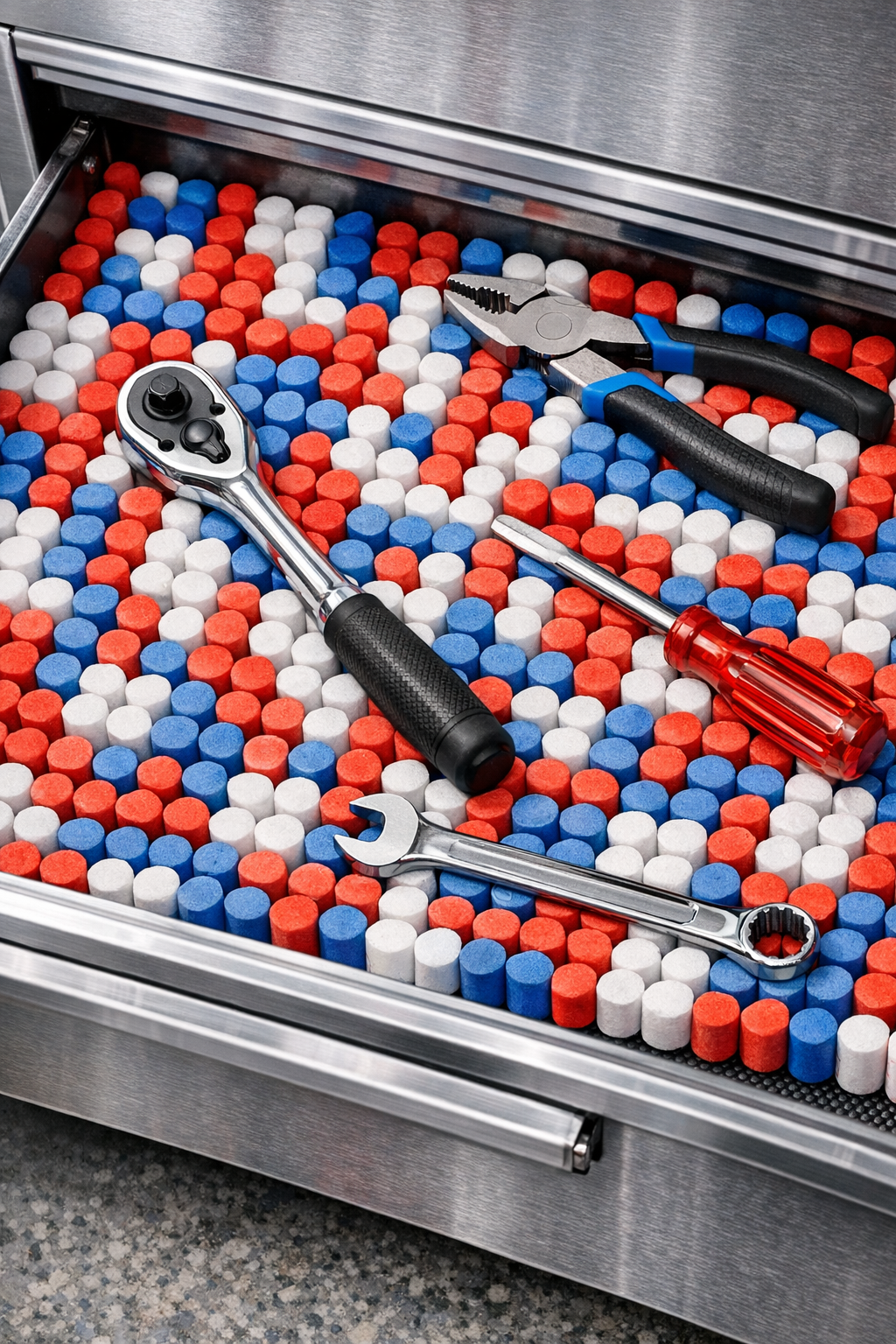 Finished red, white, and blue foam earplug toolbox liner inside a drawer