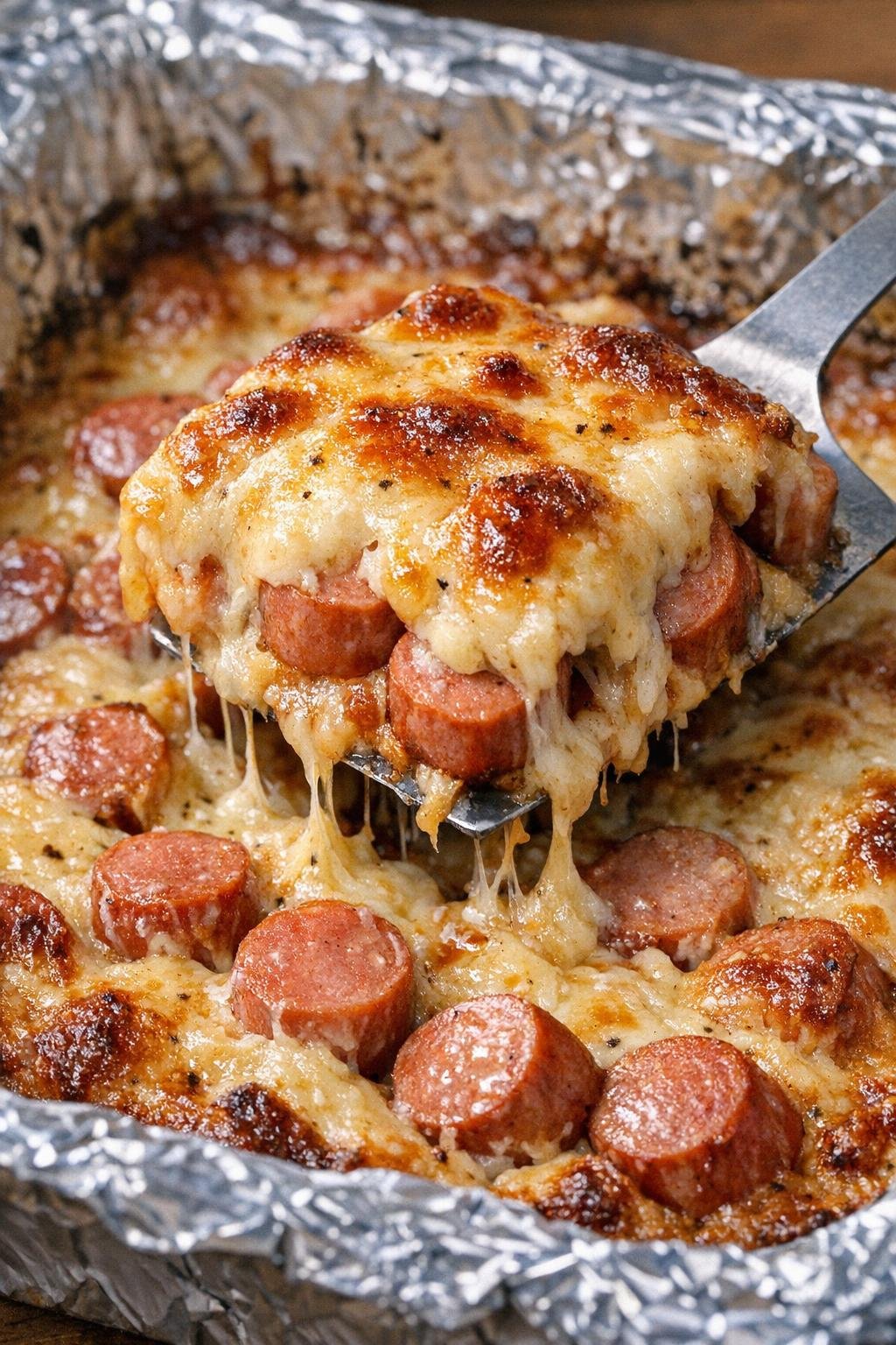 Low carb 4-ingredient hot dog Rockford bakes in a foil tray