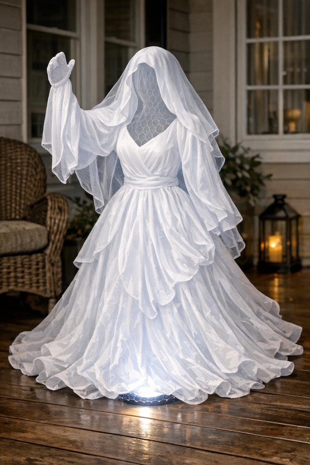 Finished floating phantom bride made from a stiffened white bed sheet