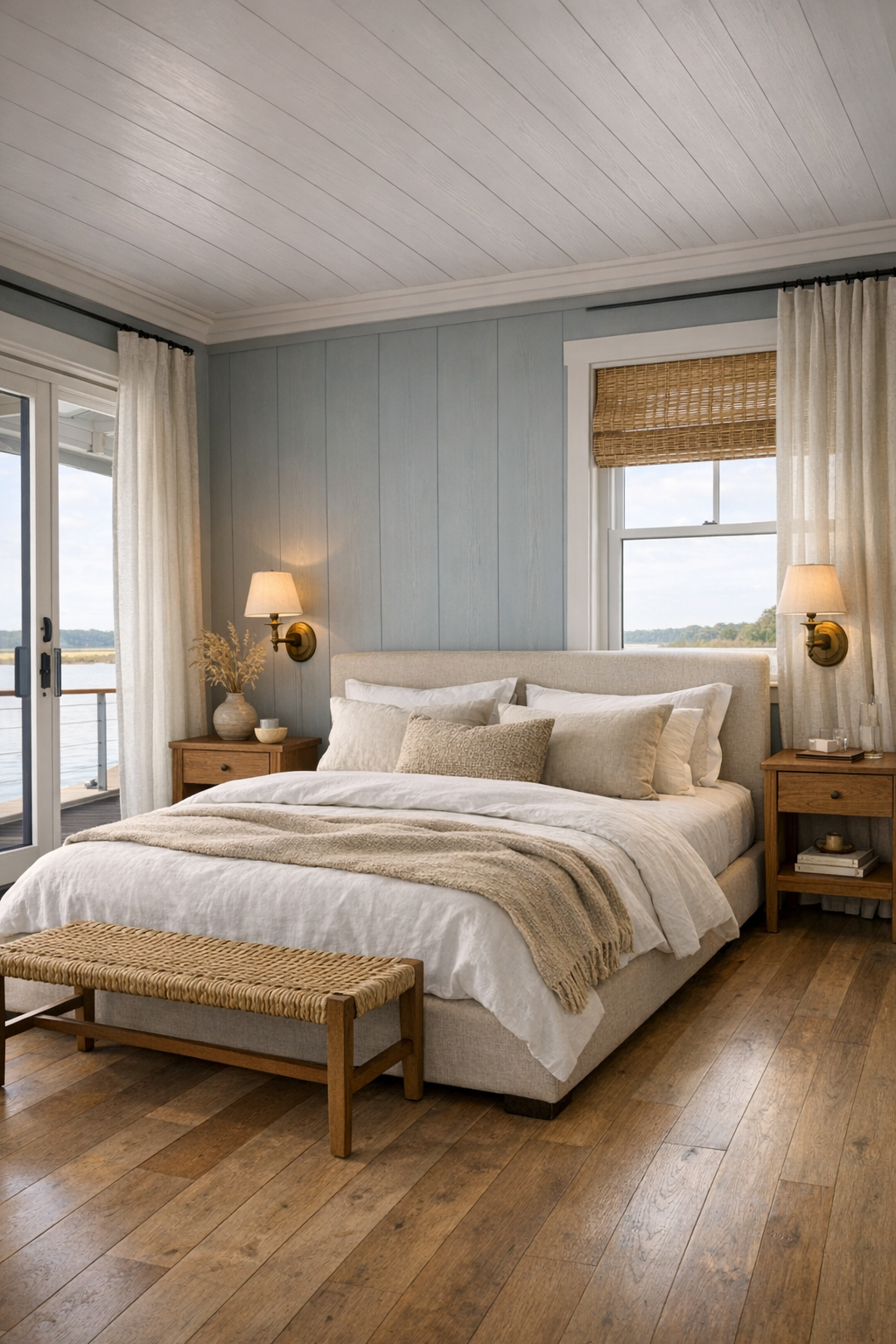 Soft coastal bedroom with linen bed, pale blue walls, and generous open layout