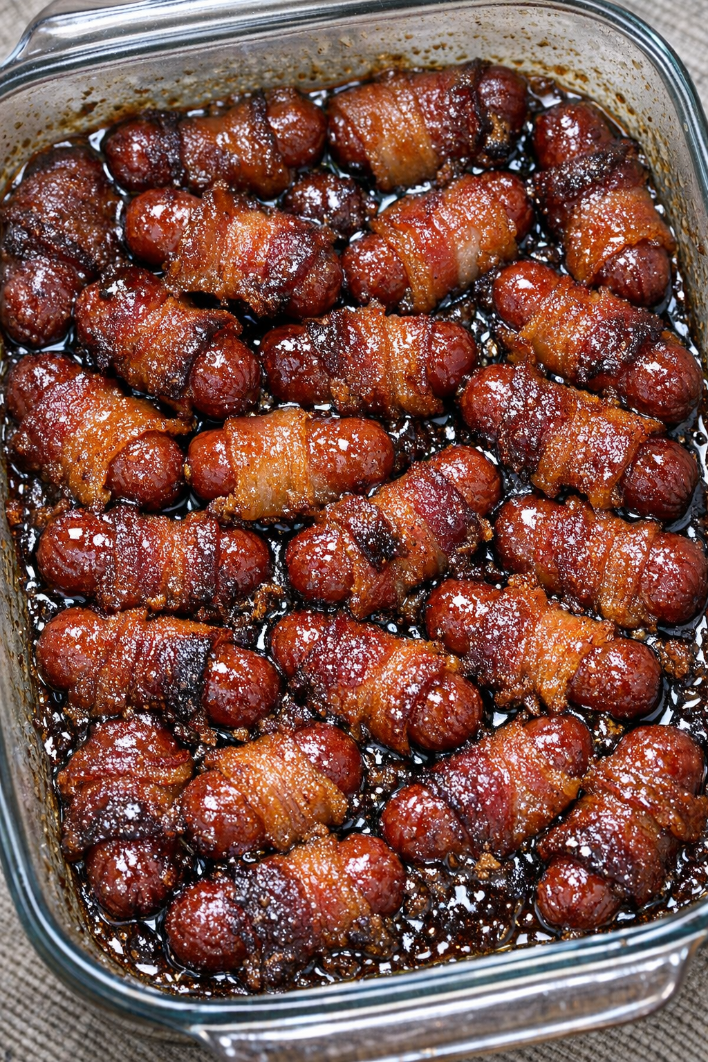 Southern 3-ingredient brown sugar smokies in a glass casserole dish
