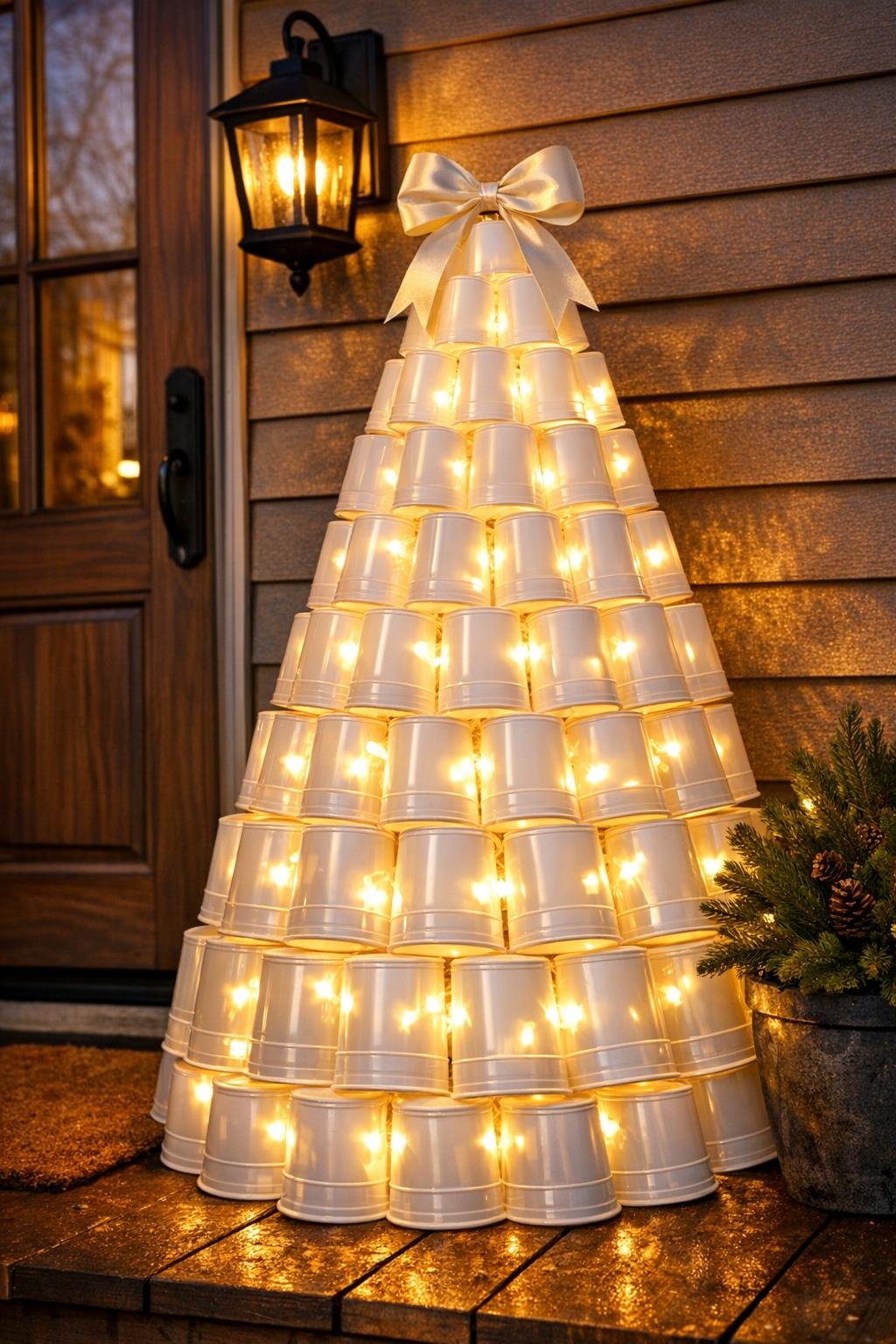 A glowing porch tree made from white plastic cups displayed beside a front door