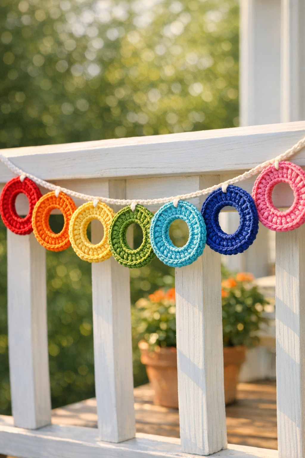 Finished crochet summer outdoor garland made from solo cup bottom rings