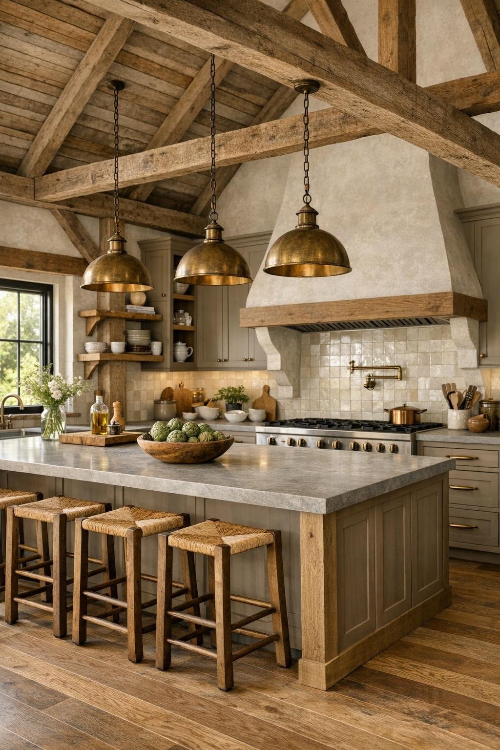 Farmhouse kitchen with a large stone island, warm cabinetry, and a statement range wall