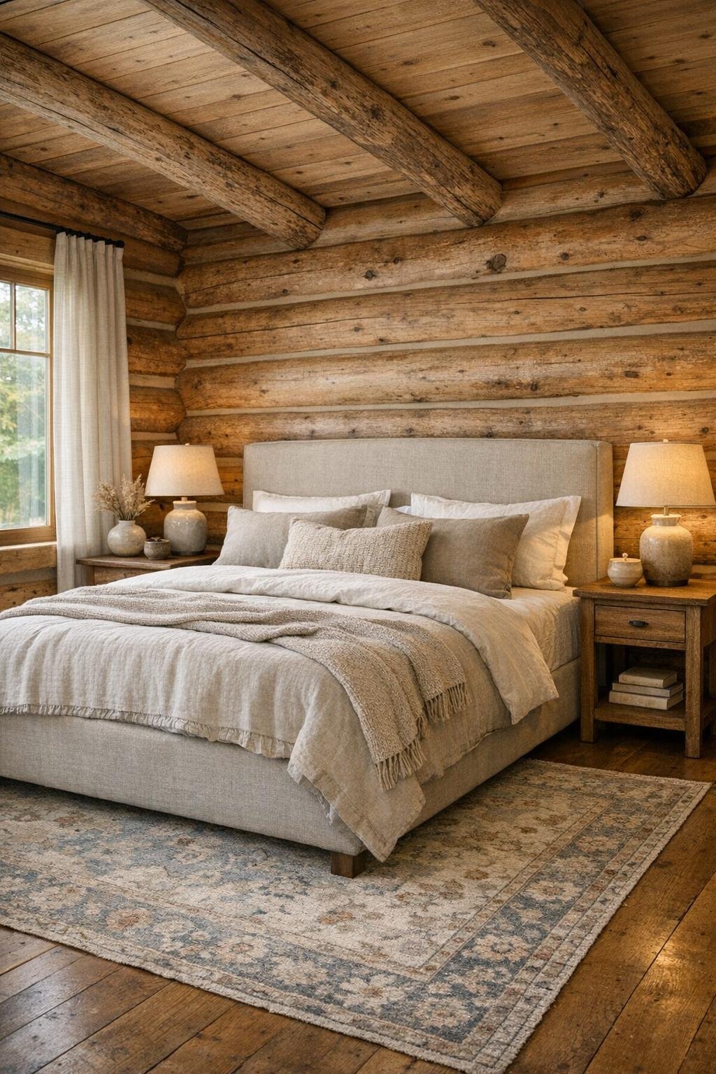 Peaceful log home bedroom with linen bedding and soft natural textures