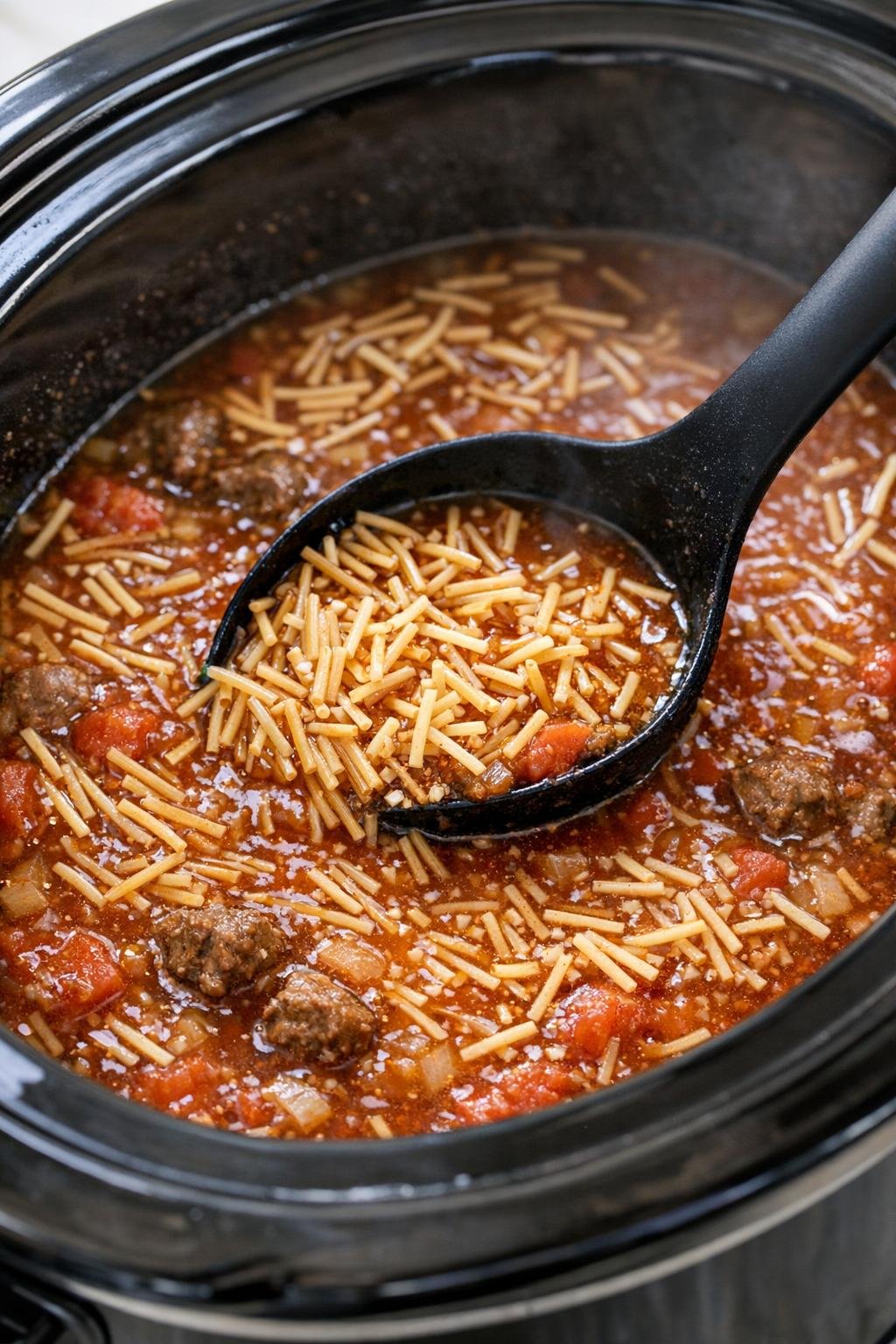 Broken fideo stirred into the slow cooker