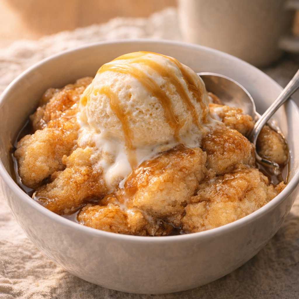 Serving of biscuit dessert with ice cream and caramel