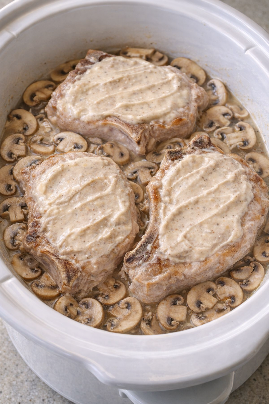 Pork chops layered in slow cooker before cooking