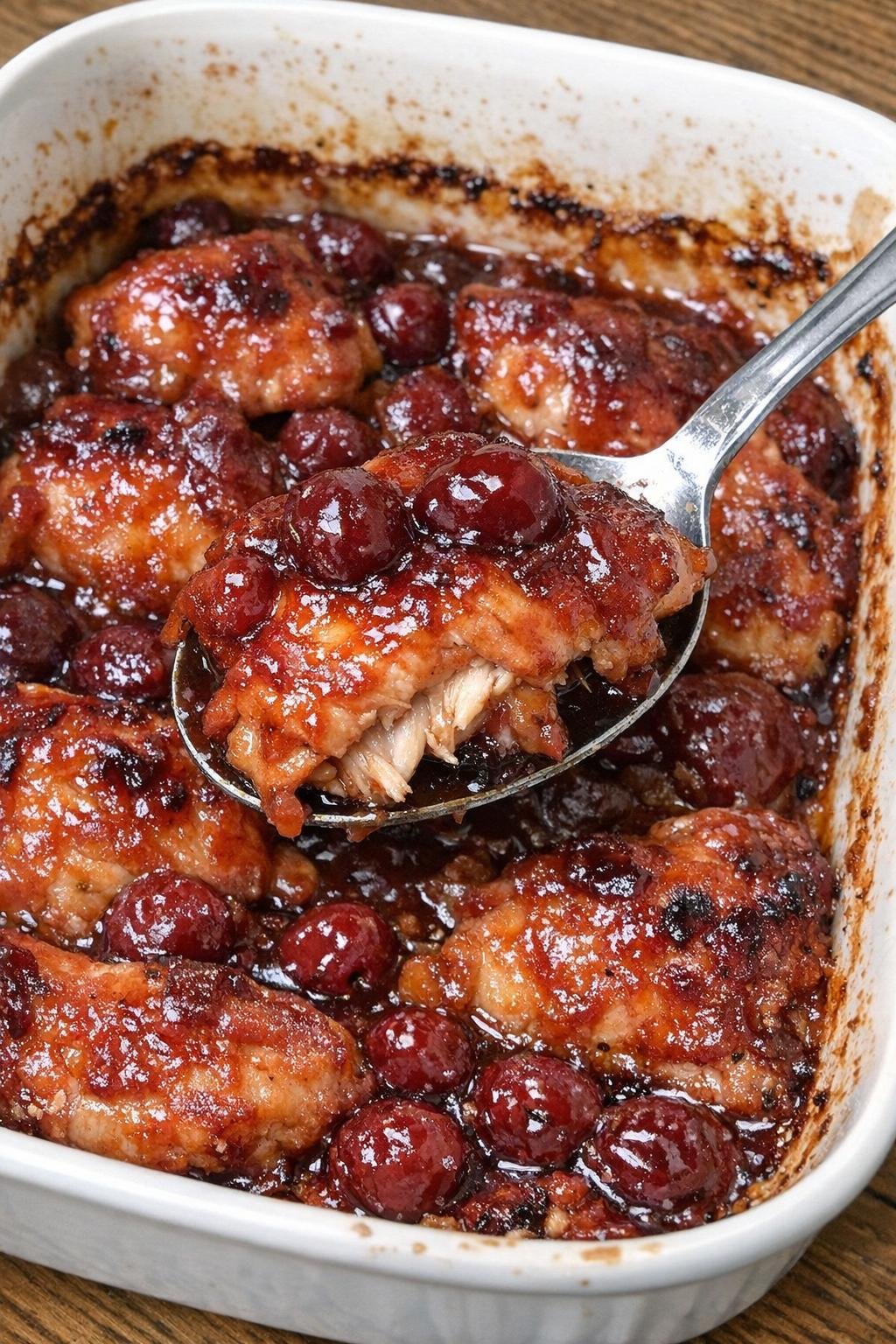Tender glazed chicken pieces with sweet cherry sauce in a white ceramic casserole dish