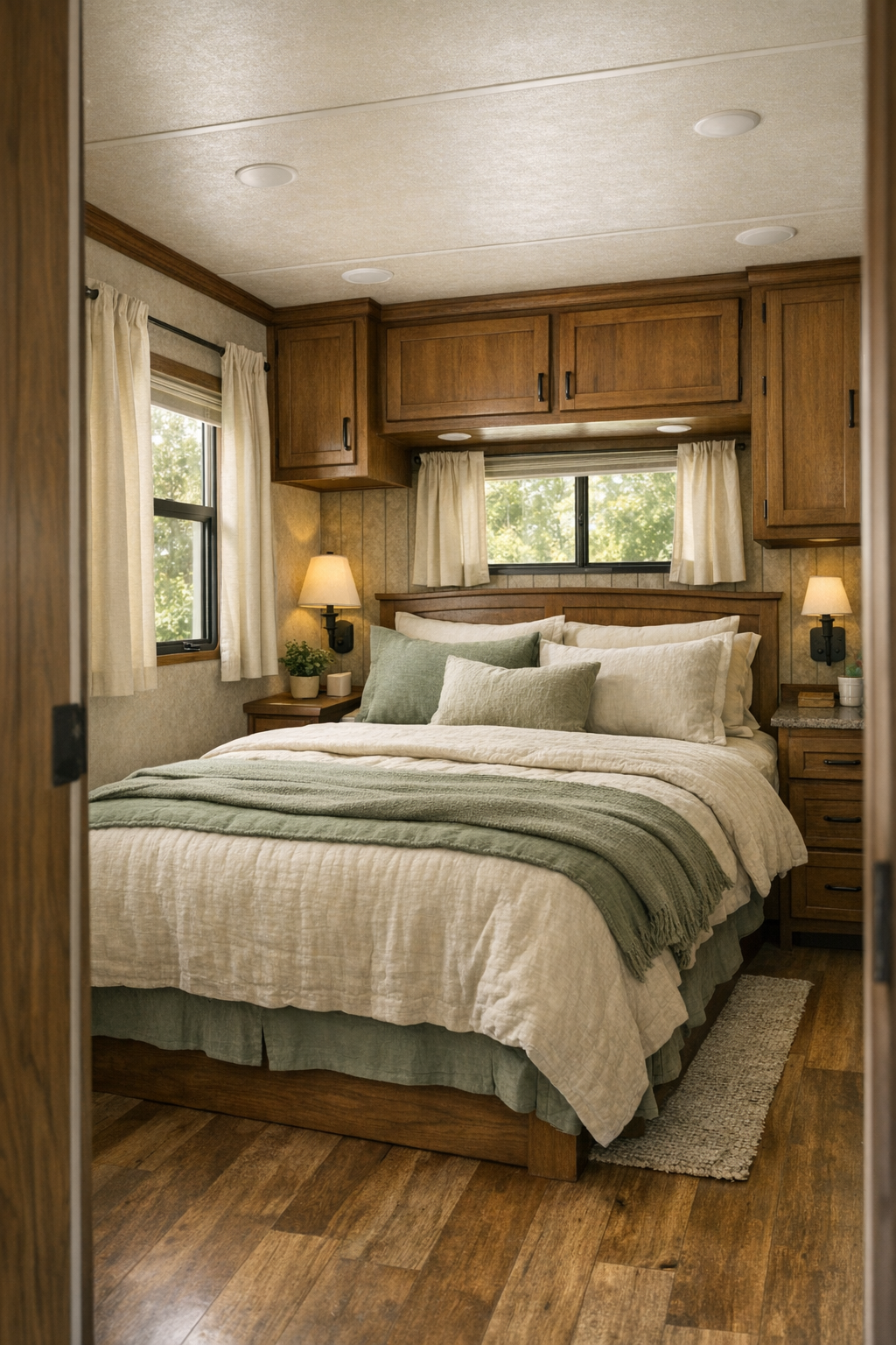 Soft, restful bedroom with built-in storage, layered bedding, and sage and cream tones