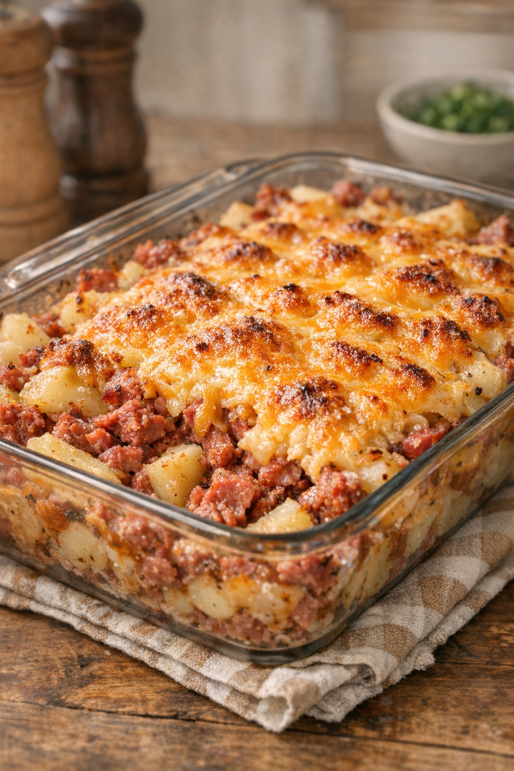 Corned beef potato bake with melted cheddar on top