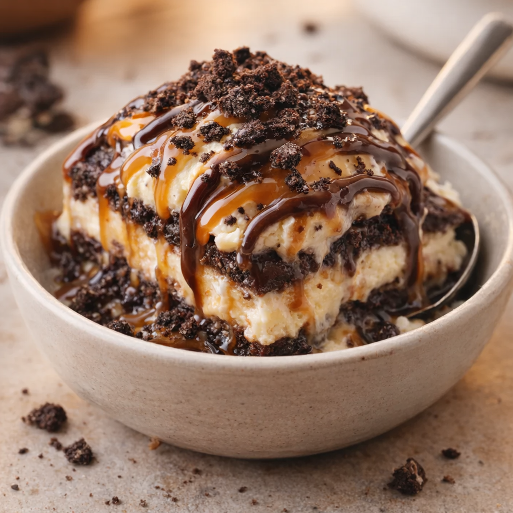 Caramel and chocolate variation with cookie crumble topping