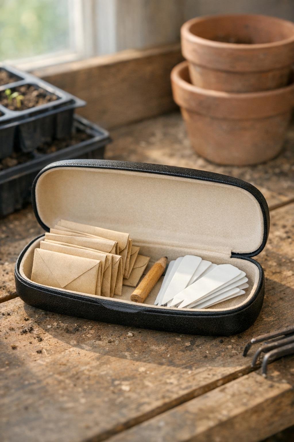 Eyeglass case holding saved seed packets