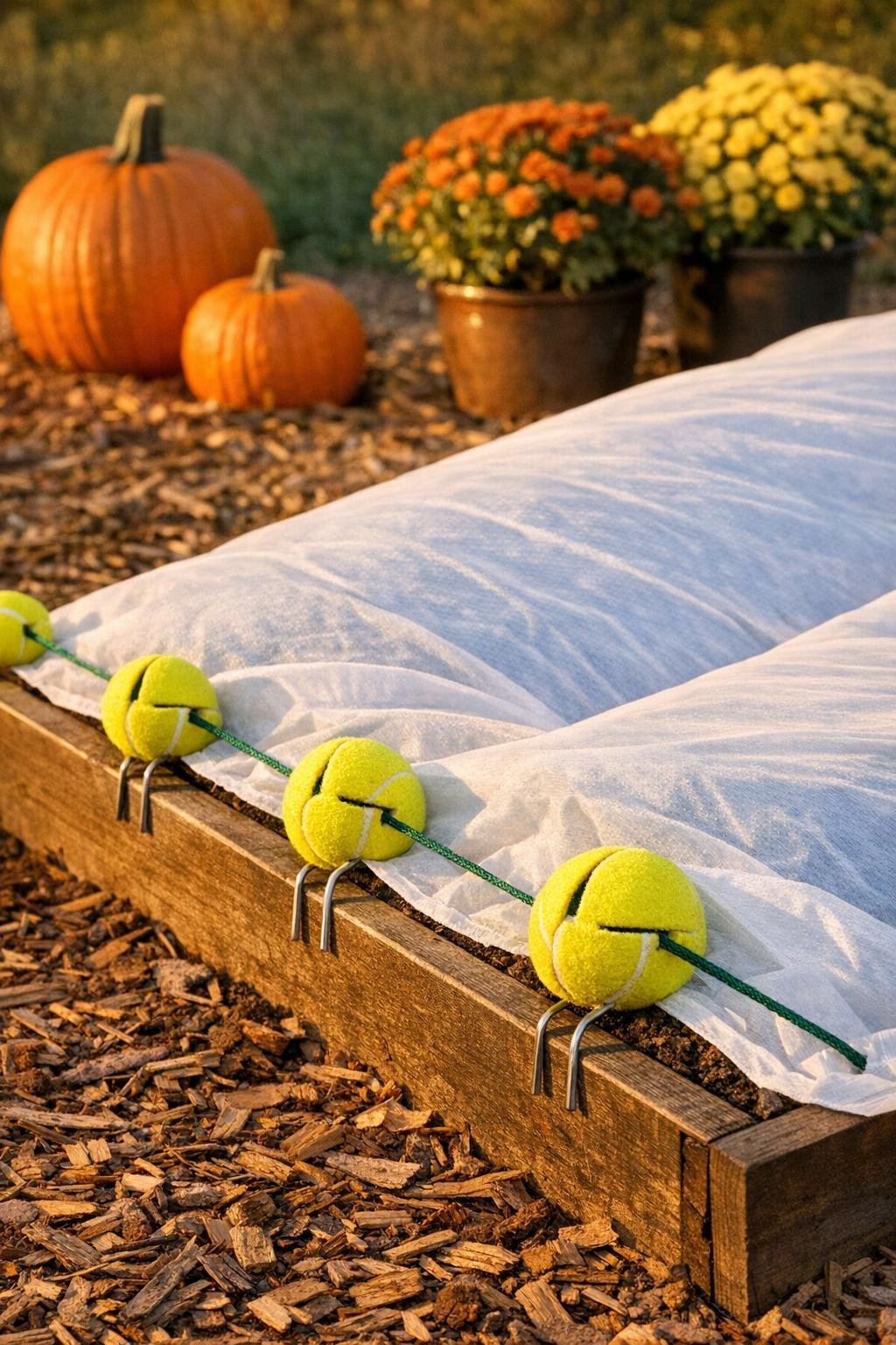 Finished fall garden bed protected with row cover anchored by tennis ball wind anchors