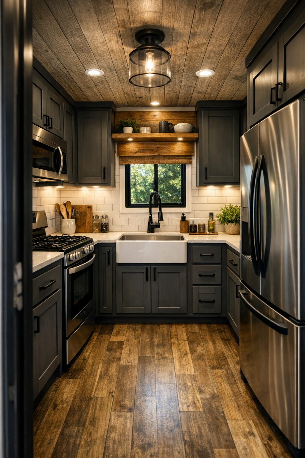 Warm modern farmhouse kitchen with shaker cabinets, light counters, and black hardware