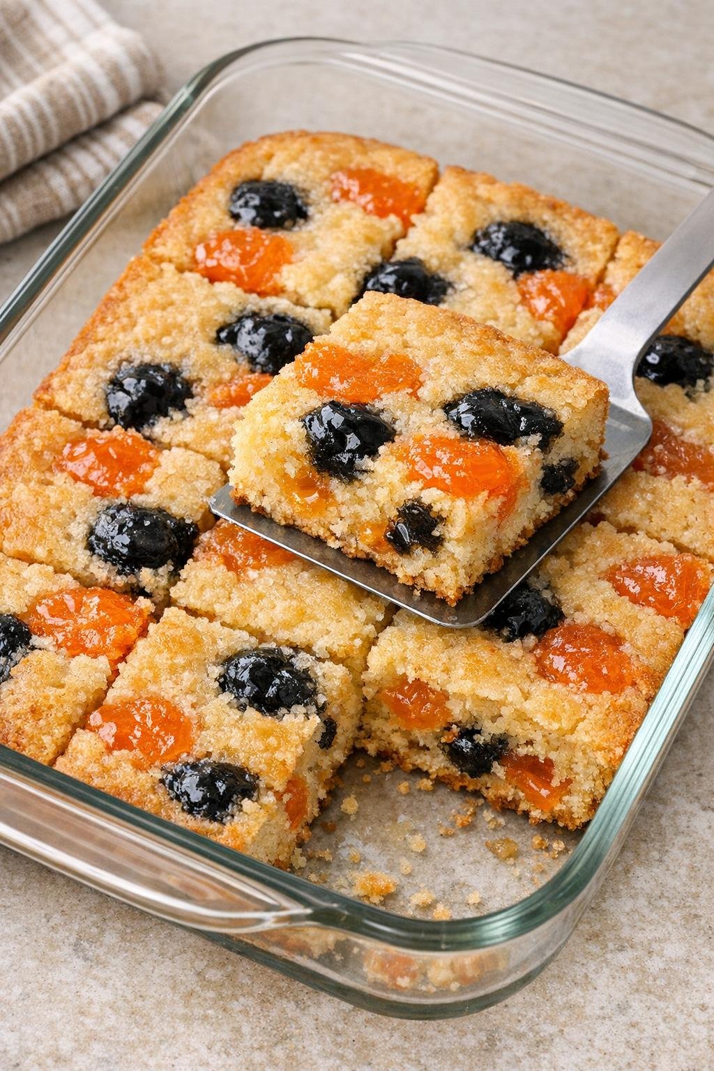 Finished baked gumdrop dessert in a glass baking dish