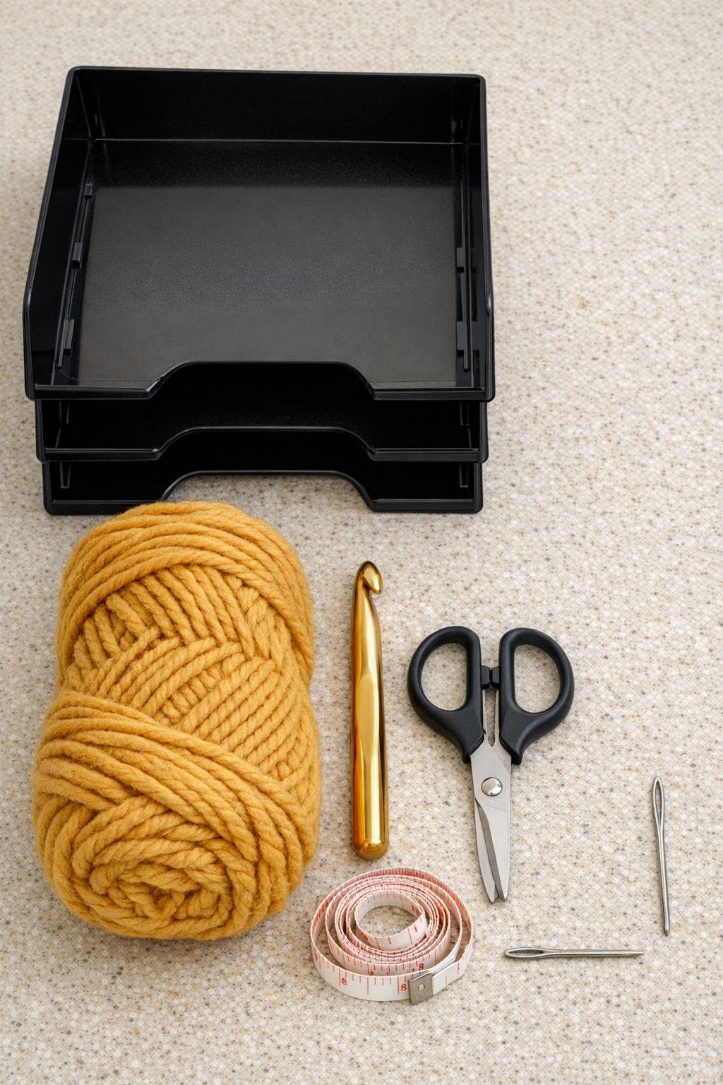 Materials for making a crocheted decorative basket from a plastic paper tray