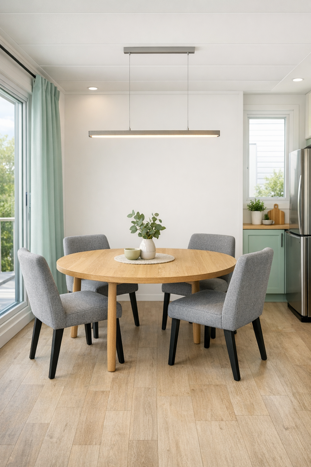 Bright dining room with rounded oak table, soft gray seating, and minimalist pendant light