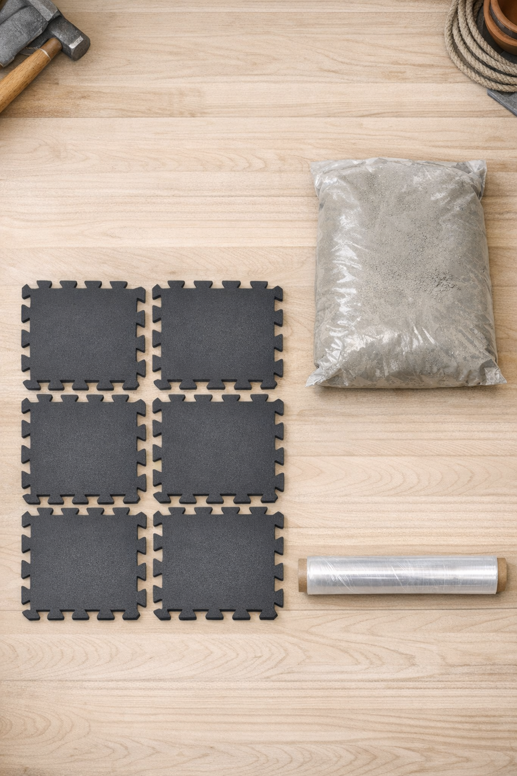 Foam puzzle floor tiles, cement, and household wrap laid out for the project