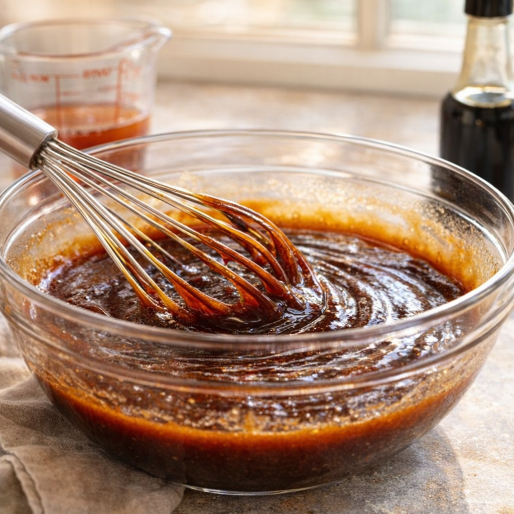Brown sugar barbecue sauce being whisked in a bowl