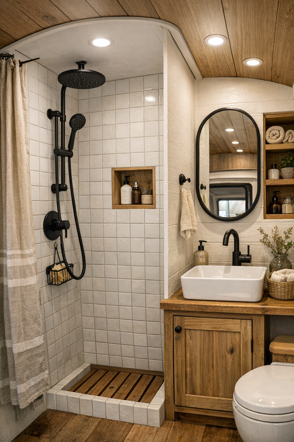 Compact rustic bathroom in a converted bus with tiled shower and wood vanity